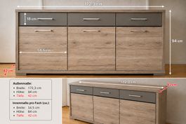 Sideboard 172 cm | Viel Stauraum | Holz & Grau