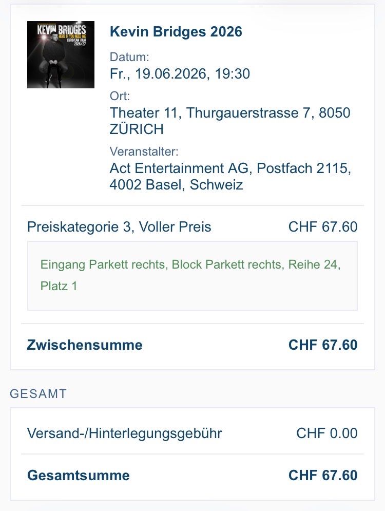 Biglietti: Sitzplatz Kevin Bridges – Usato da Richterswil venduto da Habakuk111