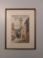 Aquarell 16x24cm mit goldenem Rahmen, "Kirchturm"