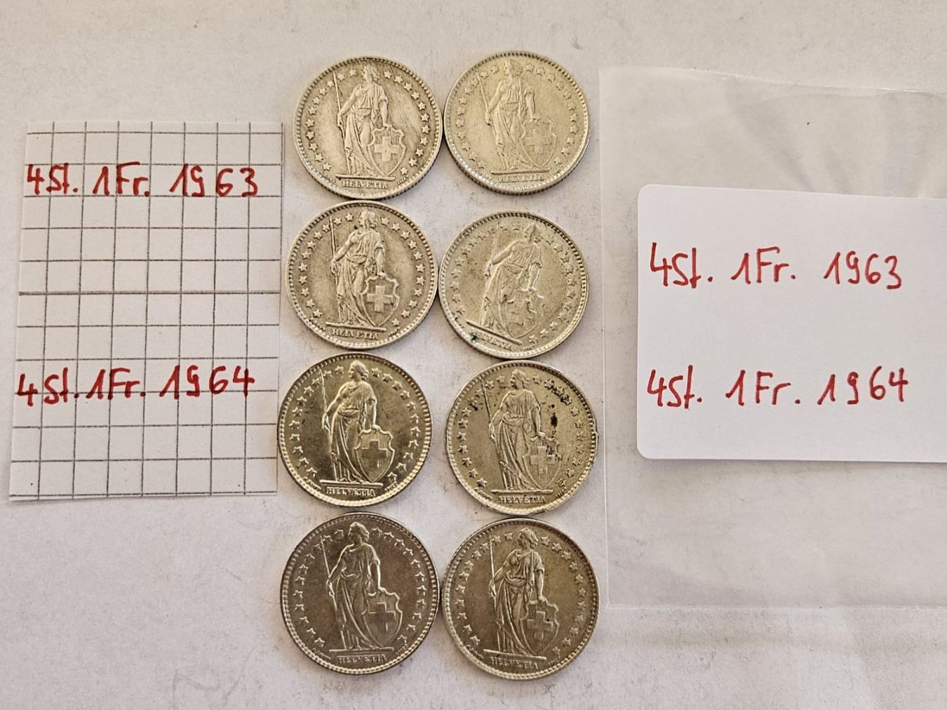 Alle Münzen: Einfränkler Set 8 Stück, 1963, 1964 – Gebraucht aus Grächen von Hel7890 1