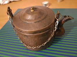 Antiker Kupfer Kaminkessel Vintage Cheminée Teekanne m Kette