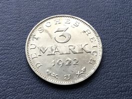 3 Reichmark 1922 j VZ ++ Unzirkuliert