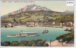 Luzern - Bahnhof und Pilatus - Dampfschiffe - Litho