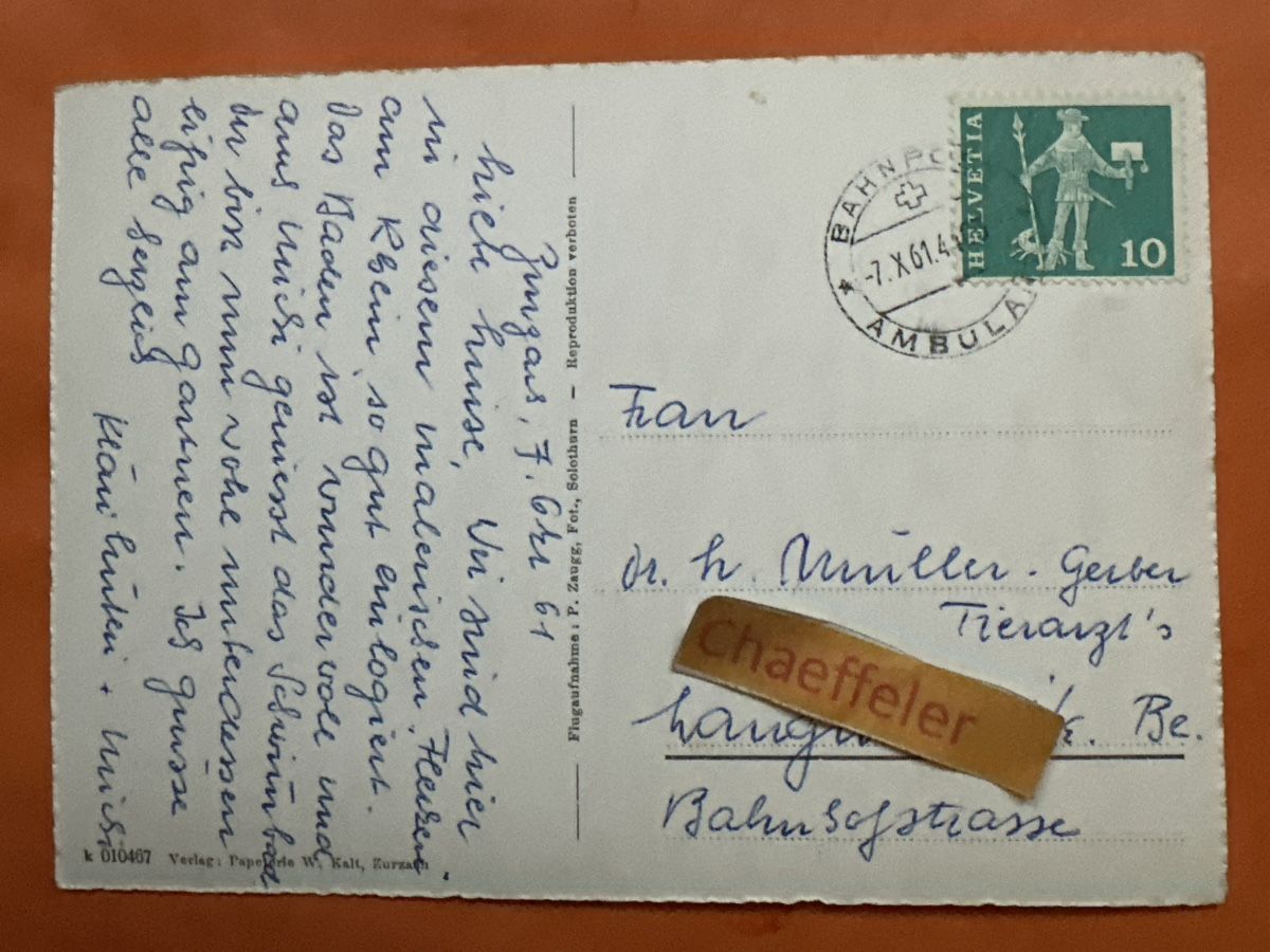 Cartoline postali: 1961 Zurzach  – Usato da Zürich venduto da Chaeffeler 1