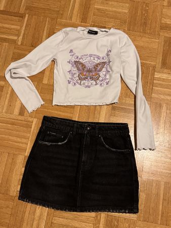 Ensemble tendance: Haut papillon + jupe noire taille S