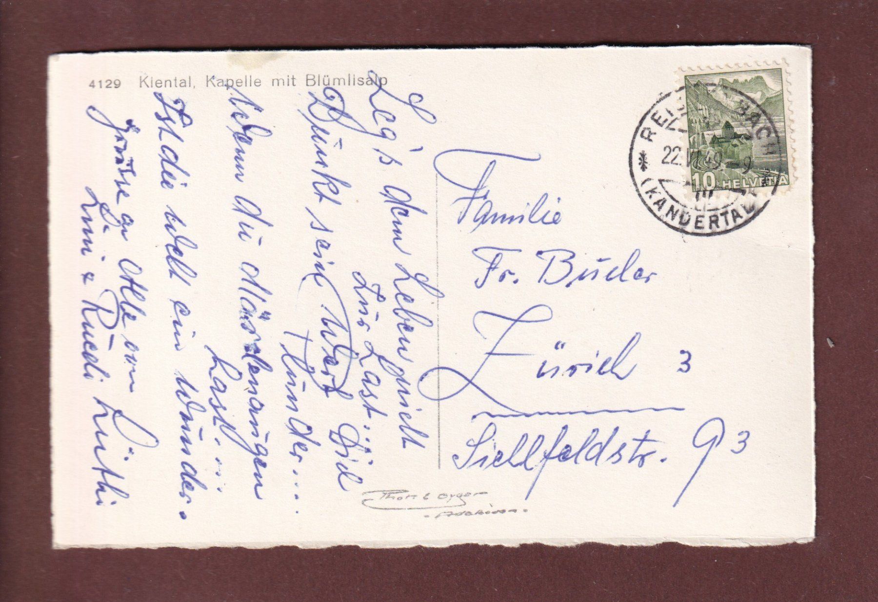 Cartoline postali: KIENTAL - Kapelle - Blümlisalp - 1949 – Usato da Pully venduto da nicecards 1