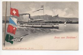 ZÜRICH Gruss vom Zürichsee - Dampfschiff Helvetia - Flaggen