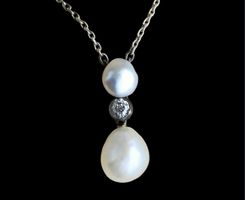 Antik Naturperlen Diamant Halskette Gold 585 14kt Platin