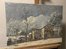 Ölgemälde auf Leinwand – winterliche Dorfszene mit Schnee