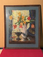 Vintage Framed Tulip Pastel Painting, Signed S. Raymond