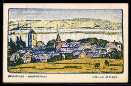 Lithographie Neuveville, Ortsansicht mit Kirche und See