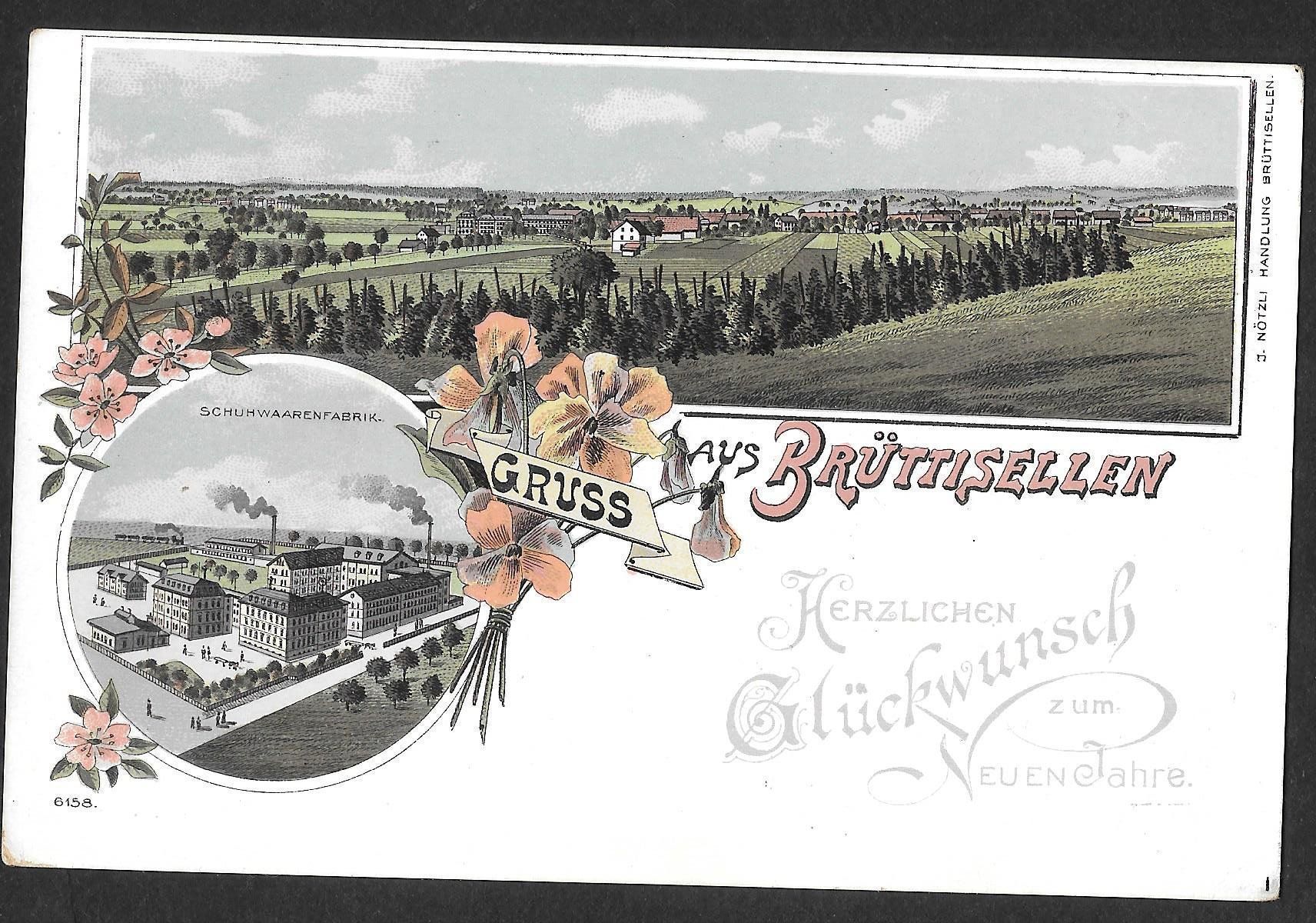 Cartoline postali: Brüttisellen farbige Lithografie mit Schuhwarenfabrik – Usato da Olten venduto da clotaldi