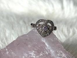 Vintage Silberring 925 Herz mit lila Stein
