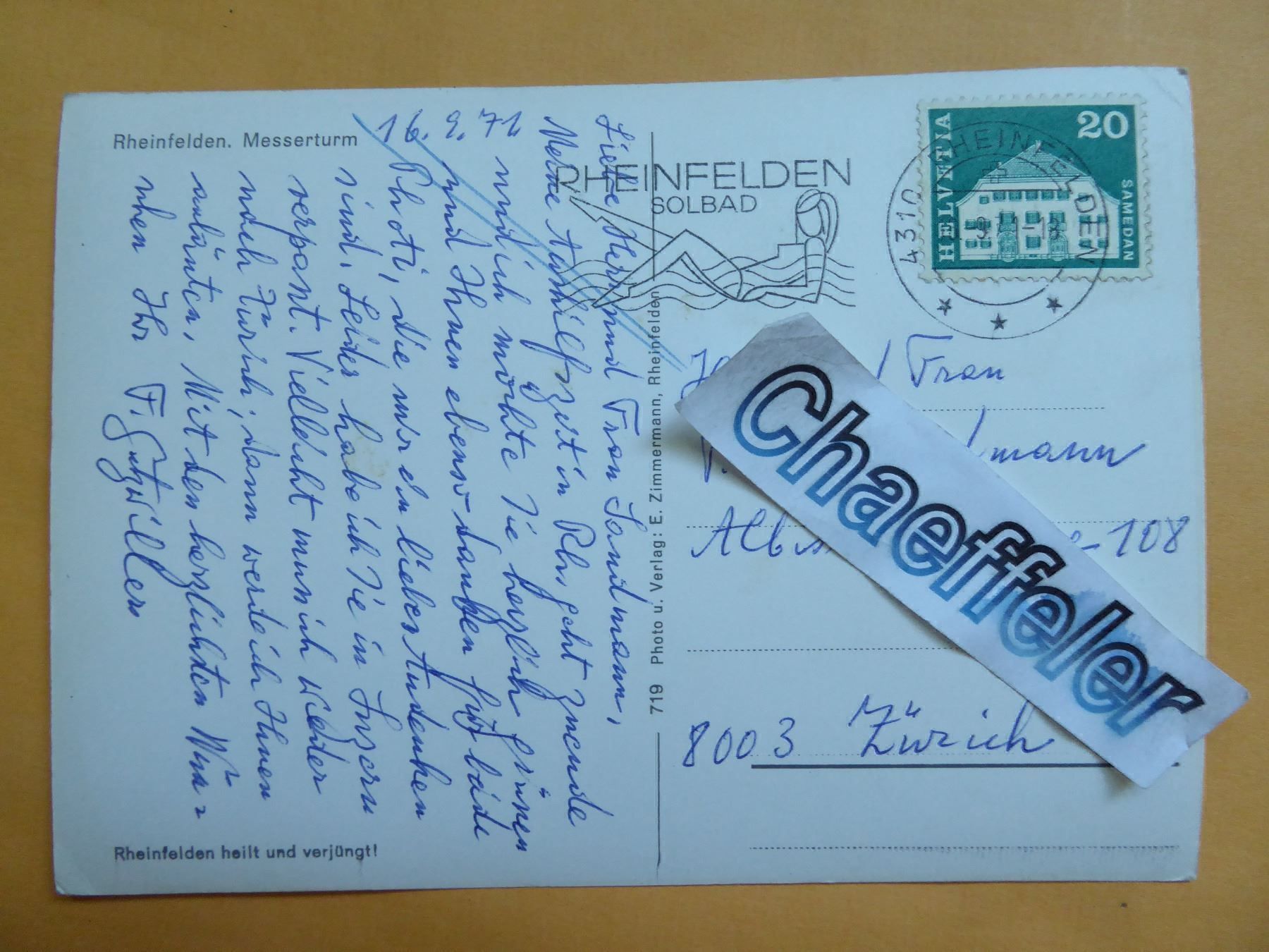 Cartes postales: 1972 Rheinfelden, Messerturm – D'occasion à Zürich par Chaeffeler 1