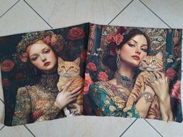 2 Kissenhüllen mit Katzenmotiv /Damen portrait Vintage 45x45