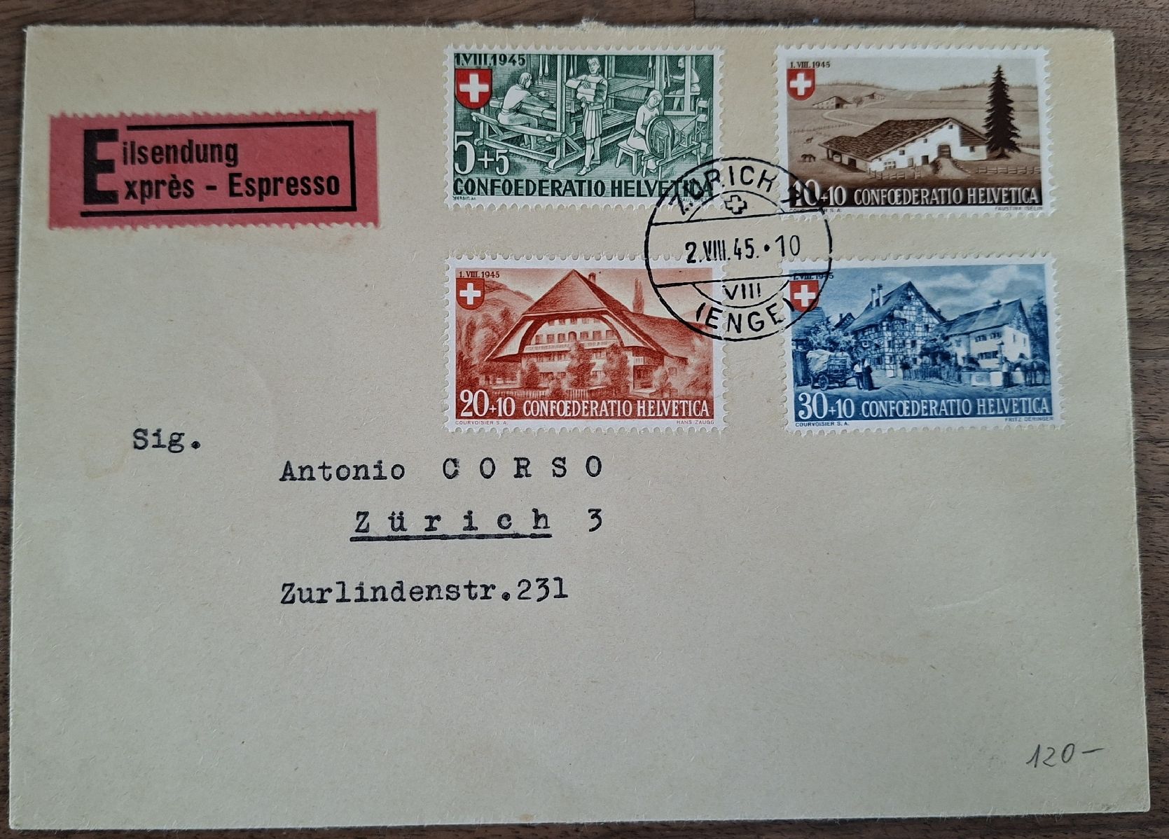 Tutti i francobolli: Pro Patria 1945 Satzbrief Kat. 100.- – Usato da Balgach venduto da SIMEON27