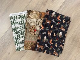 Stoffpaket Waldtiere mit Schnee und Fichten Muster, NEU