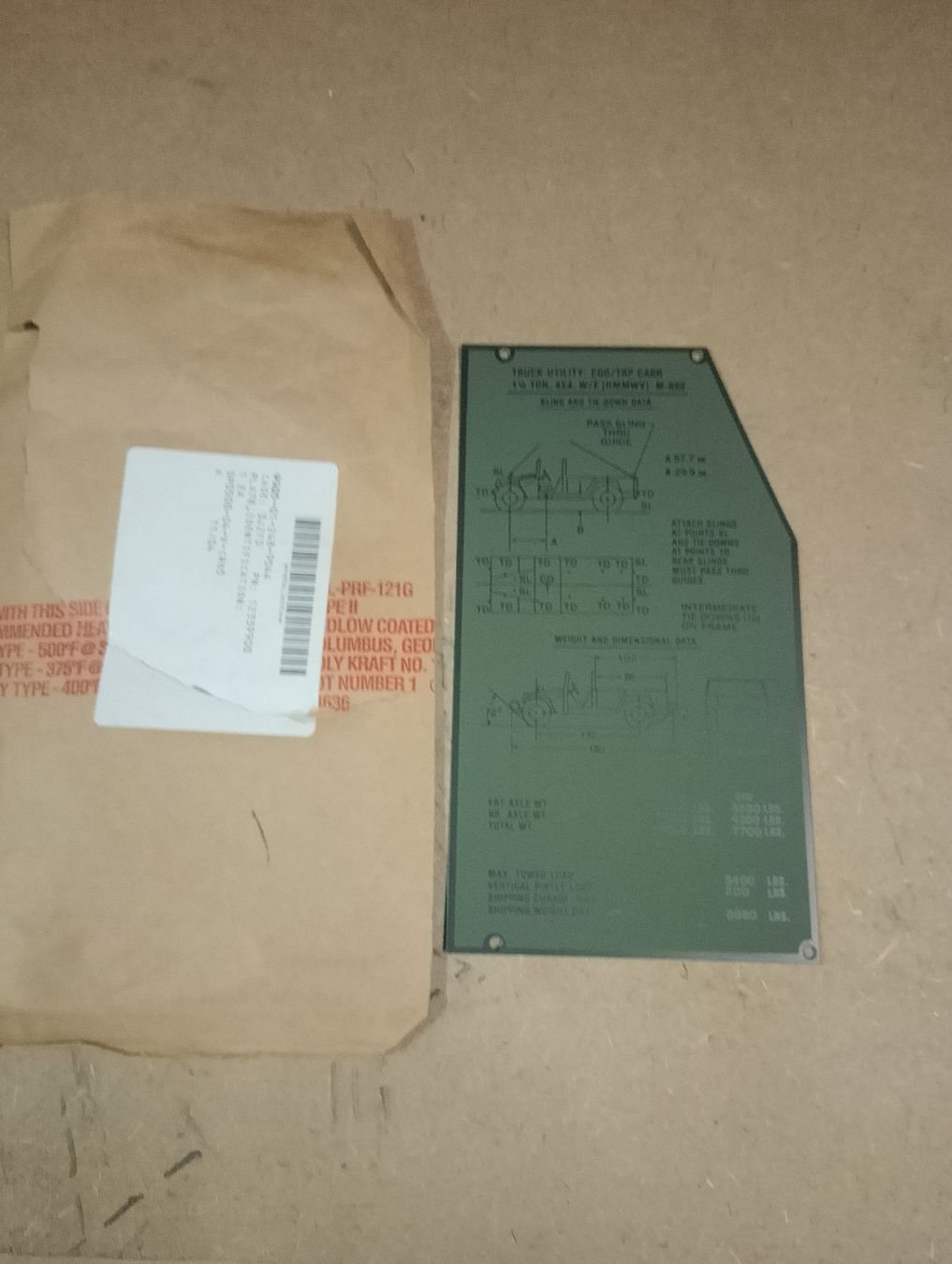 Hummer Tutti pezzi di ricambio auto: Data Plates HMMWV / HUMVEE M998 Sling and Tie Down Data – Nuovo (secondo la descrizione) da Safenwil venduto da dodgewc12 2