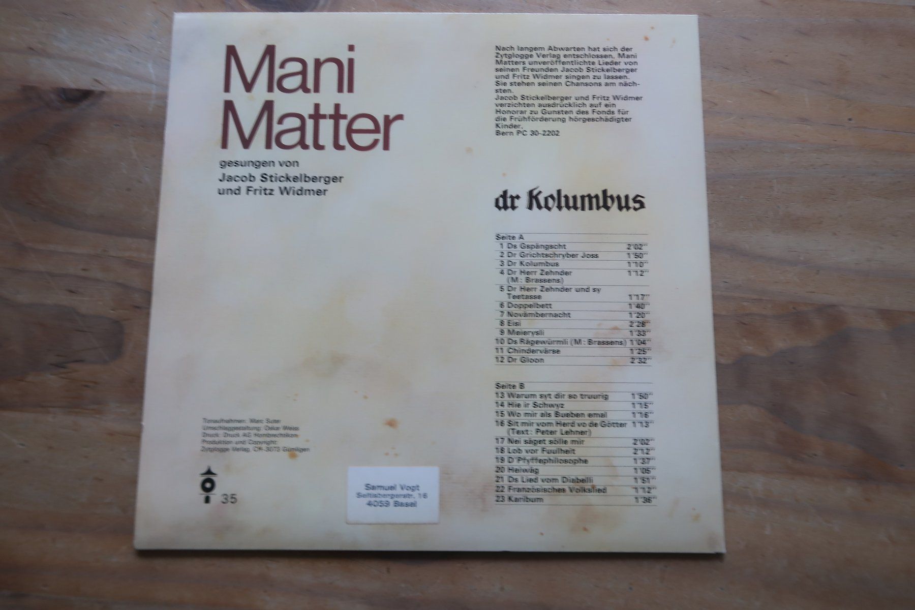 Schallplatten: MANI MATTER - DR KOLUMBUS - VINYL LP – Gebraucht aus Basel von Patiscat 1