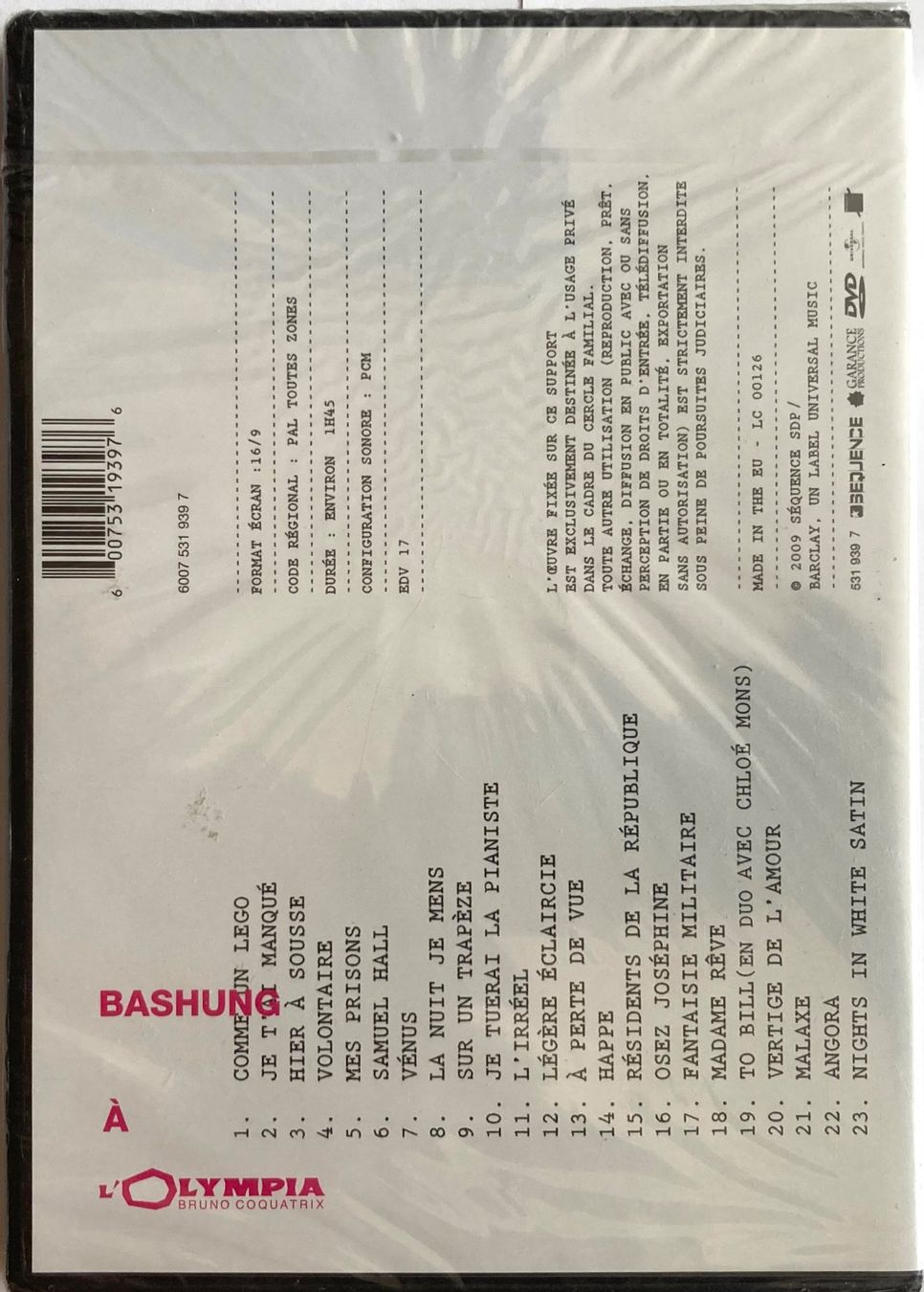 Tutti i DVDs: ALAIN BASHUNG - BASHUNG A L'OLYMPIA – Nuovo e nell'imballaggio originale da Poliez-Pittet venduto da Newtown-Records 1