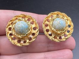 Vintage Ohrringe, Clip-on, Goldfarbe und Hellblau