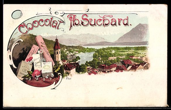 Cartoline postali: Litho Thun, Ortsansicht mit Kirche und S – Usato da Berlin venduto da bartko-reher