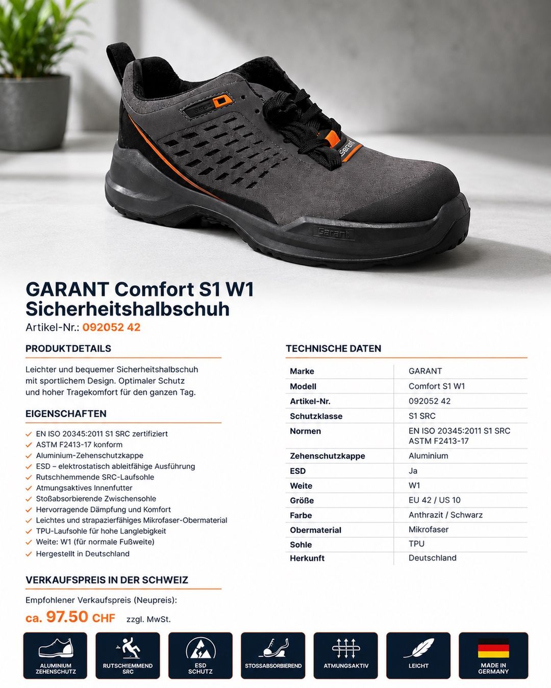 Scarpe da uomo: Garant Comfort Sicherheitshalbschuh S1 W1 – Nuovo e nell'imballaggio originale da Therwil venduto da ibrahim_y