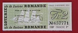 BILLET LOTERIE SUISSE ROMANDE TIRAGE BCV 1954 TRANCHE 130