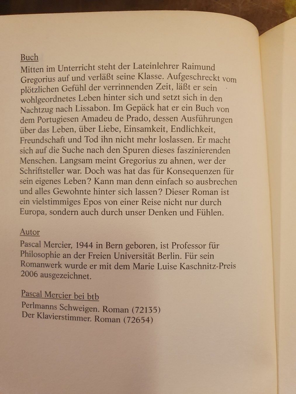 Libri: Nachtzug nach Lissabon - Pascal mercier - BTB – Usato da Zürich venduto da loosebone 1