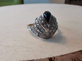 antiker "Pfauen-"Damenring 14Kt Diamanten, Saphire (um 1900)