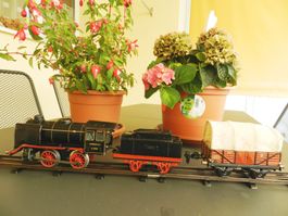 Märklin R890 Dampflok Uhrwerk mit altem Planwagen Spur0