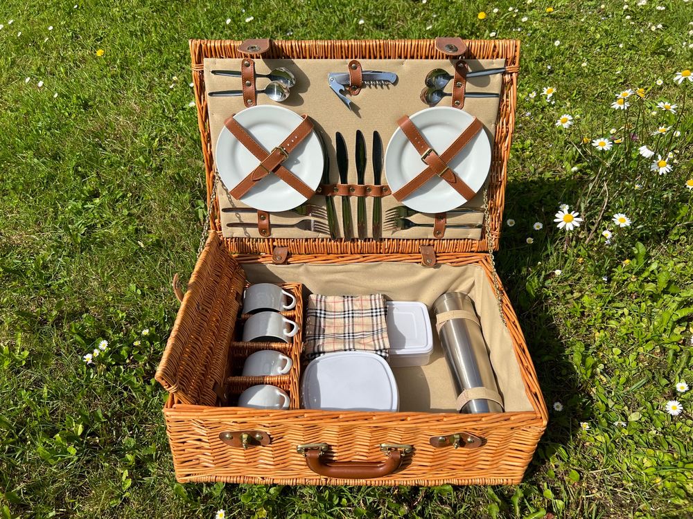 Weiden-Picknickkorb Für 4 Personen - Komplett-Set Mit Decke & Abnehmbarem Weintisch