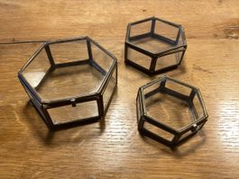 Glas Boxen Set 3er Sechseck Messing Antik Deko