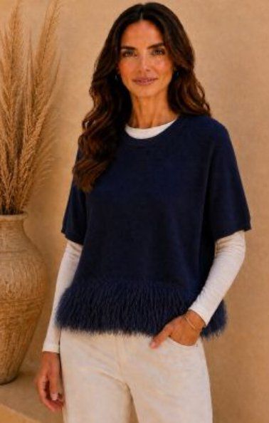 Maglioni & Felpe: Kurzarm-Pullover / Shirt mit Fransenanbschluss in dunkelblau – Nuovo e nell'imballaggio originale da Zürich venduto da Naebeli 1
