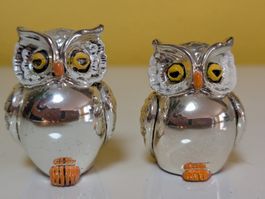 2 Silberne Eulen & Taschenspiegel Eule Vintage Deko Figur...