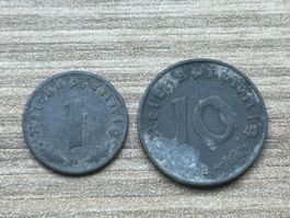 2 Münzen Deutsches Reich 1 Reichspfennig 10 Reichspfennig