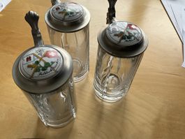3er Set Feldsschlösschen Bierkrüge mit Zinndeckel