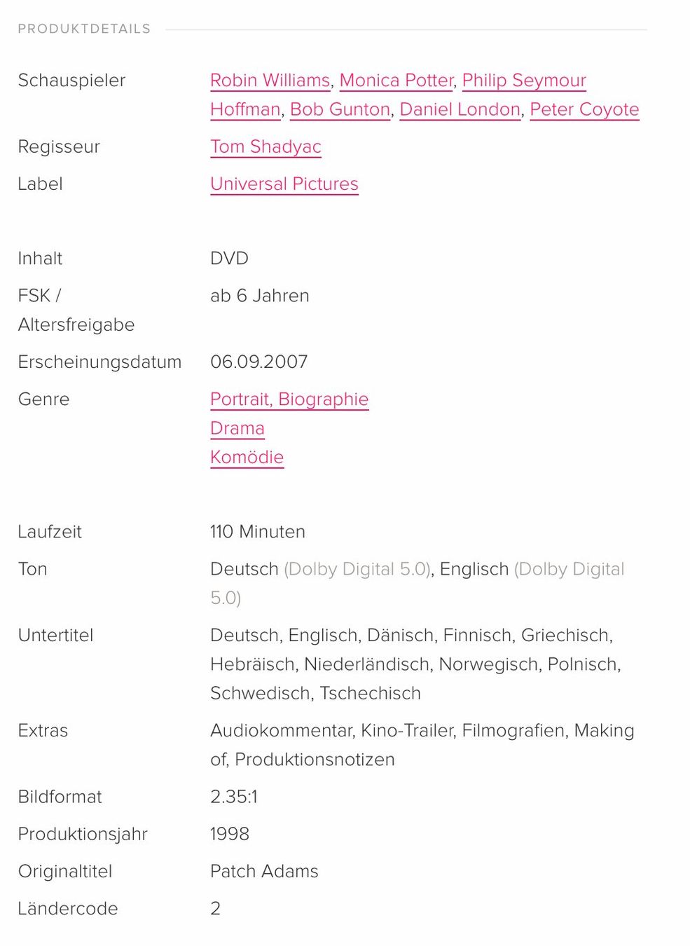 Tutti i DVDs: Patch Adams - Ein Doktor mit Herz (neu & ovp) Robin Williams – Nuovo e nell'imballaggio originale da Brunnen venduto da Barfly5 2