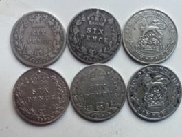 Silbermünzen Sammlung Grossbritannien 6 mal Six Pence