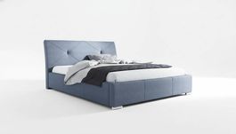 Blaues Polsterbett Doppelbett mit hohem Kopfteil und Holzr