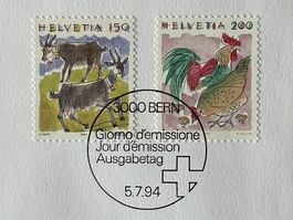 Haustiere: Ziegen und Hühner: AUSGABETAG Briefmarken 1994(O)