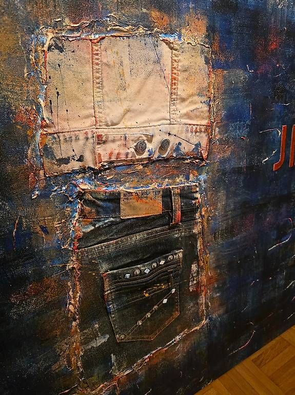 Dipinti: ACRYLBILD MIT JEANSTEILEN EINGEARBEITET – Nuovo (secondo la descrizione) da Zollikerberg venduto da Doris11362 2
