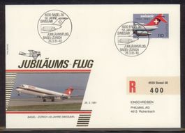 1981, FDC, Pro Aero, Flug Basel–Zürich, 50 Jahre Swissair