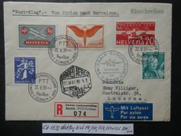 CH 1939 toller Flugbrief ZH-Barcelona mit F9,F11,F17,231+J85