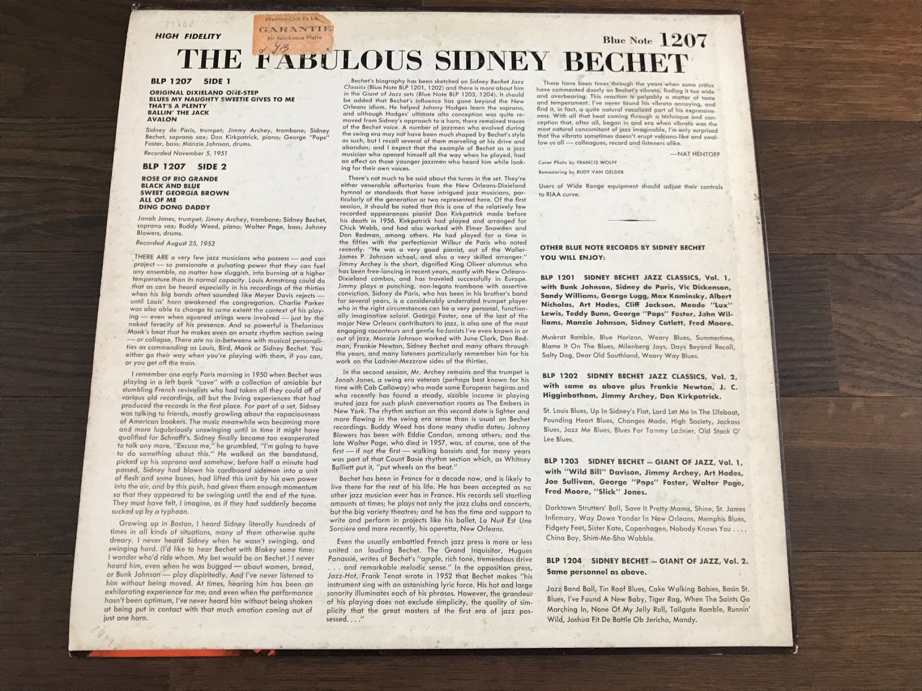 Schallplatten: SIDNEY BECHET - The Fabulous Sidney Bechet - Blue Note 1207 – Gebraucht aus Buchs AG von Archie 1