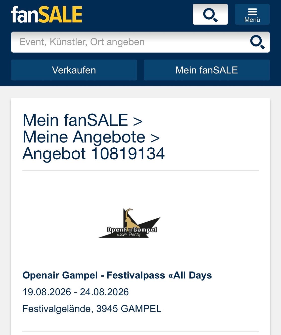 Biglietti: Openair Gampel All Days 19.08-24.08.26 – Nuovo e nell'imballaggio originale da Heimberg venduto da ramoschen