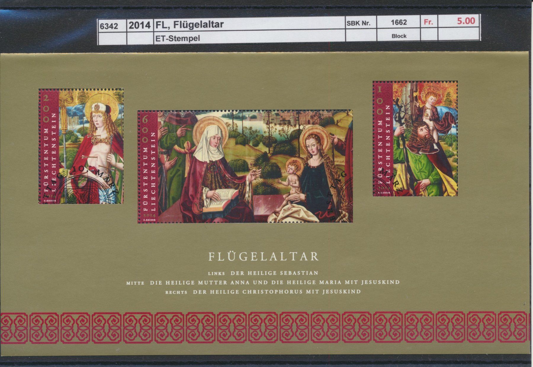 Tutti i francobolli: 2014 FL, "Flügelaltar", Block,  ET - Stempel – Usato da Winterthur venduto da Zupogeru