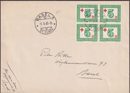 1945, Nr.262 (PAX-FDC) Viererblock +Ersstags-Stempel BASEL !