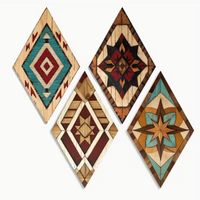 4er-Set Holz-Wanddeko "Geometrisch Vintage" (Karo-Form)