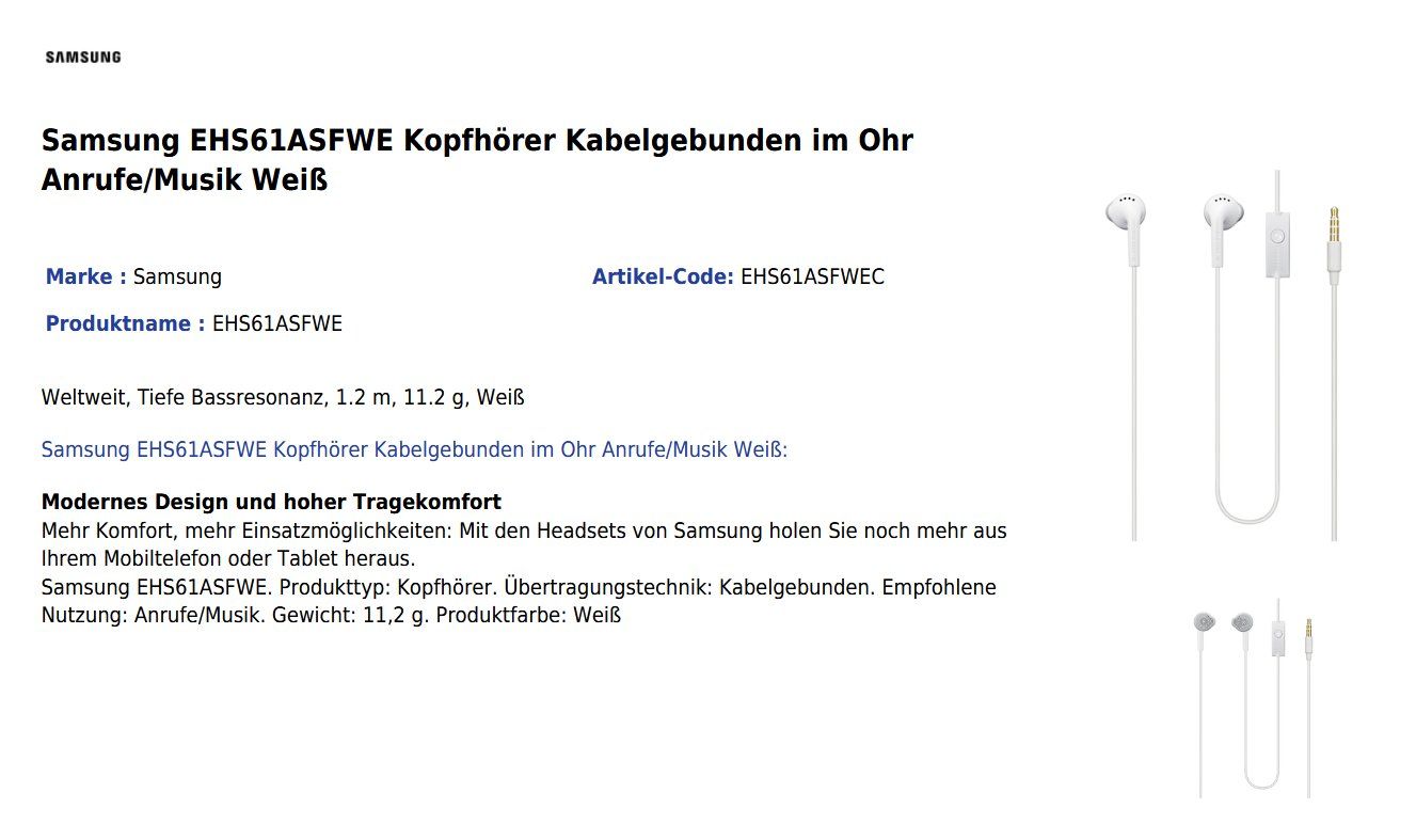 Samsung Kopfhörer: Samsung EHS61ASFWE - Stereo Headset -Kopfhörer kabelgebunden – Neu und originalverpackt aus Schaffhausen von lucaalessandro 2